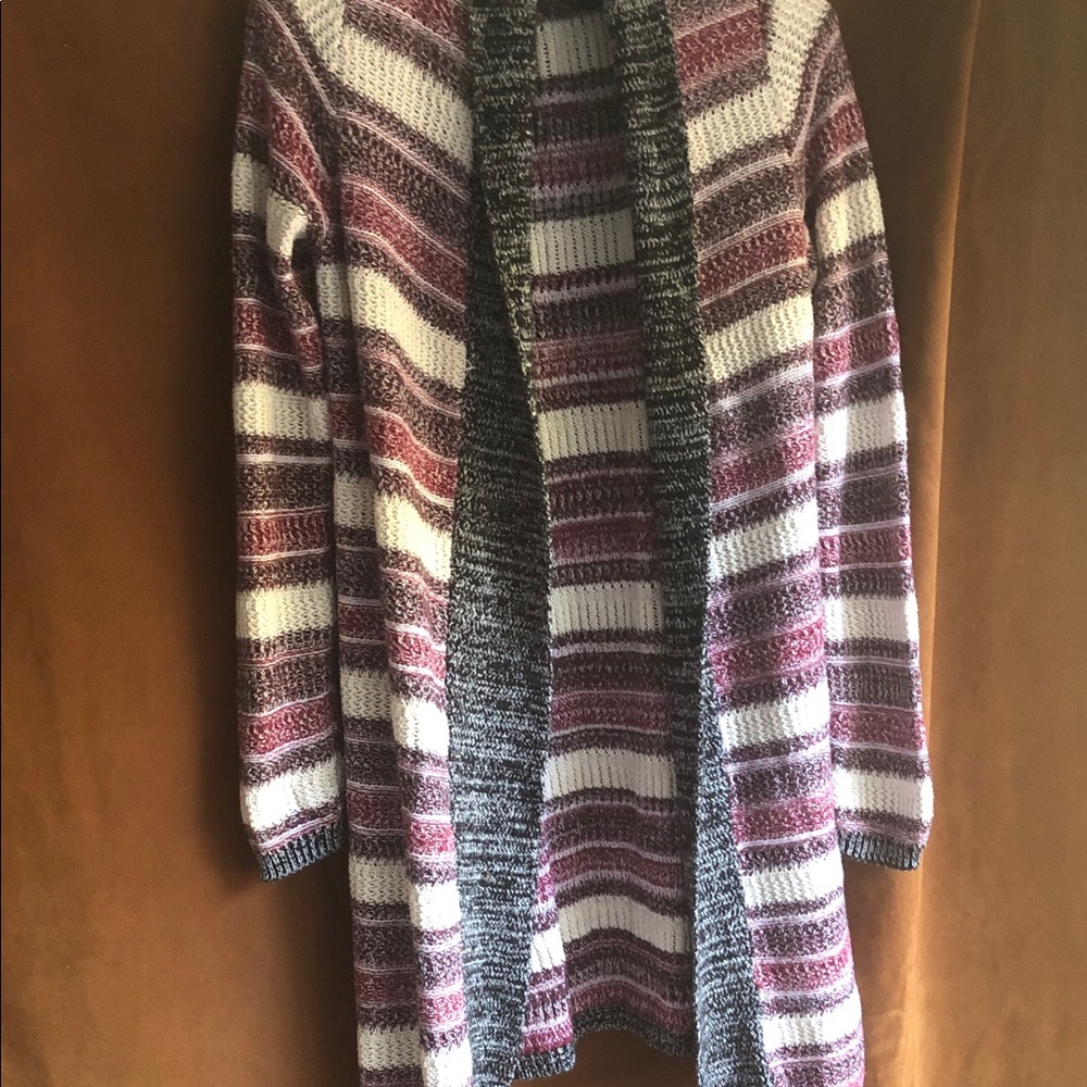 Belldini Striped Open-Front Cardigan in Burgundy, Cream & Charcoal